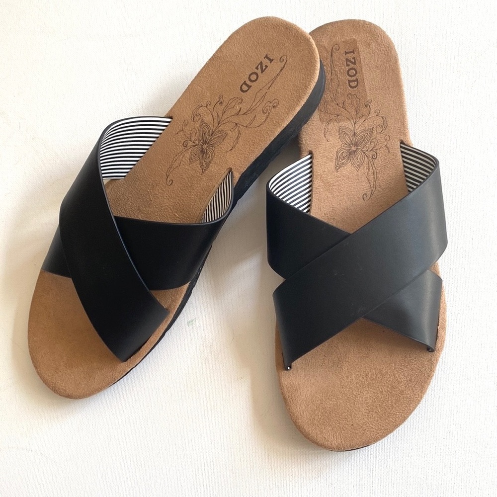 Izod Alyssa Black Women's Cross Strap Sandals Comfort Slide, Size 10